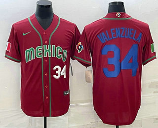 Mens Mexico Baseball #34 Fernando Valenzuela Number 2023 Red Blue World Baseball Classic Stitched Jersey1->2023 world baseball classic->MLB Jersey